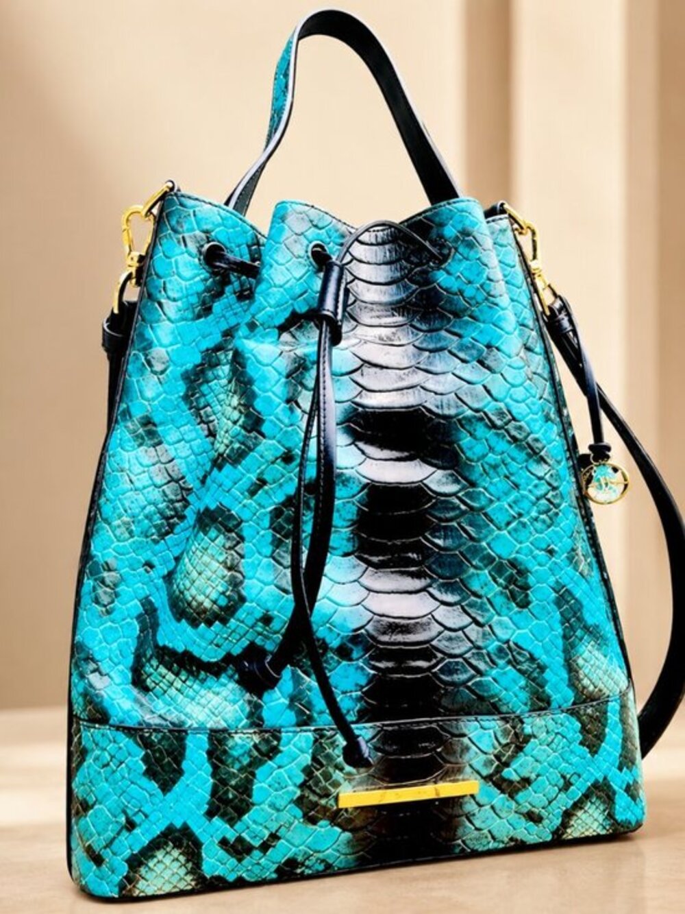 Brahmin Marlowe Bucket Bag Blue Waterford Snake Embossed Leather NWT